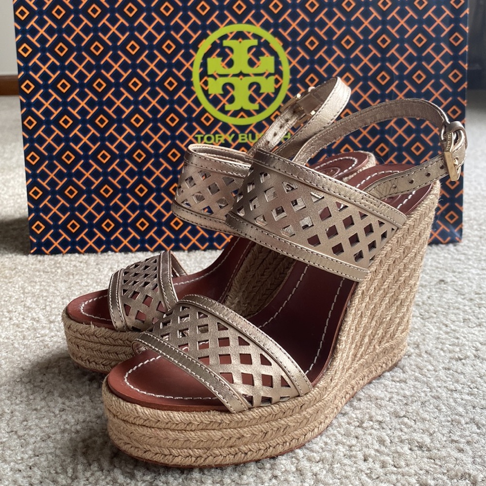 TORY BURCH Leather Printed Espadrille Sandals